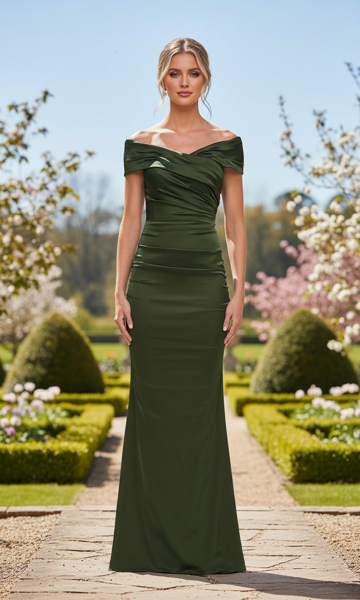 A woman stands on a garden path wearing the Long Prom Dress: La Femme 33620 in olive. Boxwood hedges, blooming flowers, and trees form the background.